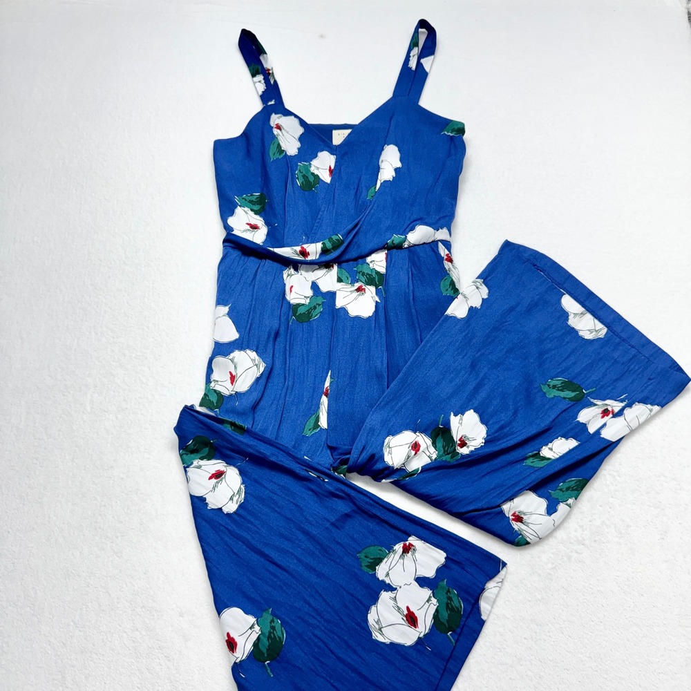A‎ New Day Floral Wide Leg Jumpsuit Womens Size S Blue Sleeveless Polyester